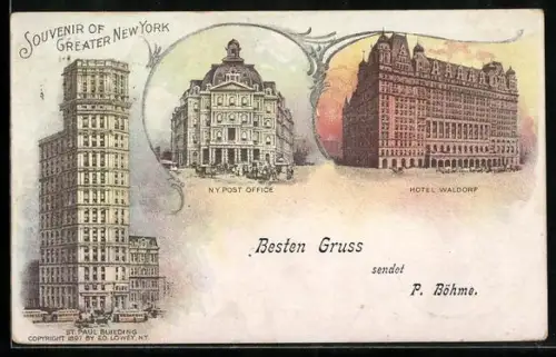 AK New York, NY, Hotel Waldorf, N. Y. Post Office, St. Paul Building