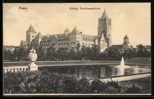 AK Posen, Königliches Residenzschloss mit Teich und Anlagen