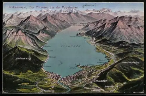 Künstler-AK Traunsee, Totale mit Gmunden, Traunkirchen, Ebensee, Karbach, Ramsau, dem Todtes Gebirge, Dachstein, Traunst