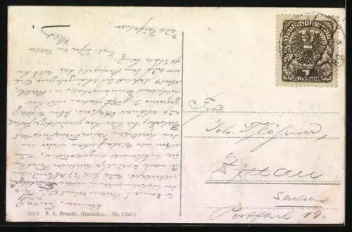 Künstler-AK Traunsee, Totale mit Gmunden, Traunkirchen, Ebensee, Karbach, Ramsau, dem Todtes Gebirge, Dachstein, Traunst