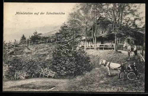 AK Schmittenhöhe, Gasthaus Schweizerhütte, Mittelstation, Pferdekutsche, Reiter zu Pferde