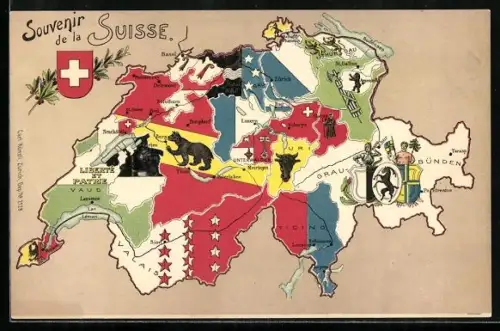 AK Schweiz, Landkarte mit Kantonen und Hauptstädten, Länderwappen