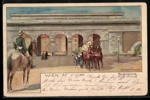 Lithographie Wien, Hofburg, Blick durch das Burgthor mit Pferdekutsche und Reiter