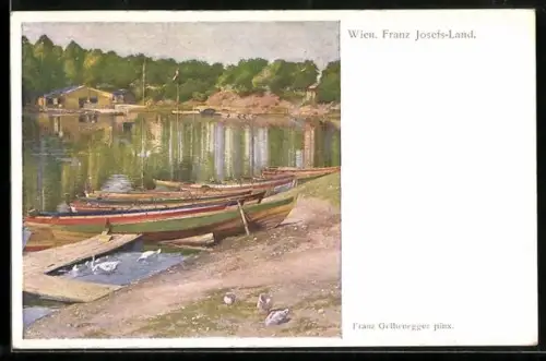 Künstler-AK Wien, Franz Josefs-Land, Ruderboote und Schwäne am Ufer