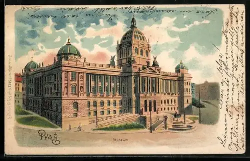 Lithographie Prag / Praha, Ansicht vom Museum