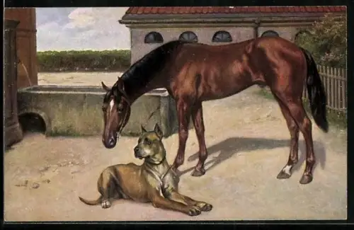 AK Dogge wacht neben dem Pferd