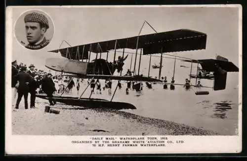 AK Daily Mail Waterplane Tour, 1912, H. P. Henry Farman Waterplane, Mr. Grahame White, Wasserflugzeug am Strand