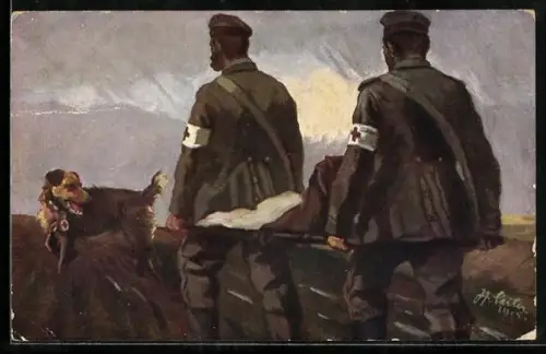 AK Ein vom Sanitätshund in einem vergessenen Geländewinkel entdeckter Schwerverwundeter auf dem Wege ins Feldlazarett