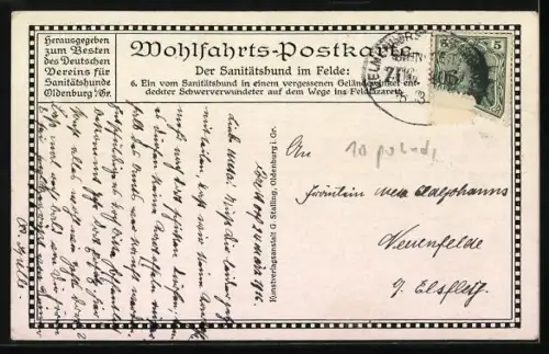 AK Ein vom Sanitätshund in einem vergessenen Geländewinkel entdeckter Schwerverwundeter auf dem Wege ins Feldlazarett