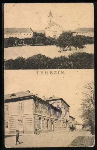AK Theresienstadt / Terezin, Garnisonskirche mit Hauptwache, Strassenpartie