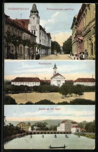 AK Theresienstadt / Terezin, Rathausstrasse & Post, Paradeplatz, Eger-Partie
