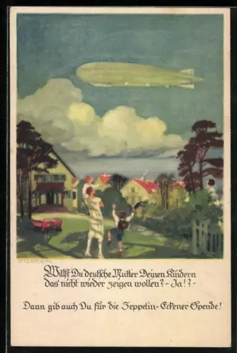 Künstler-AK Otto Amtsberg: Mutter winkt mit ihren Kinder einem vorbeifliegenden Zeppelin zu