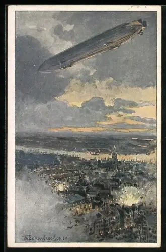 Künstler-AK Th. v. Eckenbrecher: Zeppelin über Antwerpen