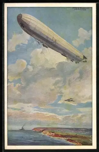 Künstler-AK Hans Rudolf Schulze: Reichsmarineluftschiff Zeppelin auf Wacht an der deutschen Ostseeküste