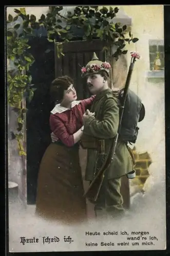 AK Soldat in Uniform mit Blumen beschmückt