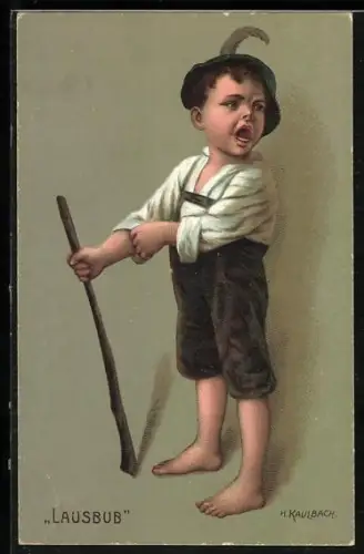 Künstler-AK Hermann Kaulbach: Lausbub, Junge in kurzer Hose mit Stock sagt etwas freches