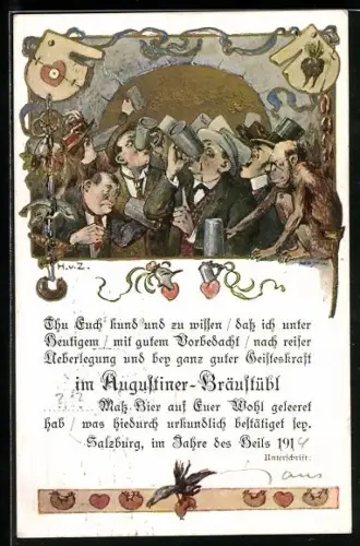 Künstler-AK Hubert von Zwickle: Trinkzertifikat, Salzburger Bierkarte