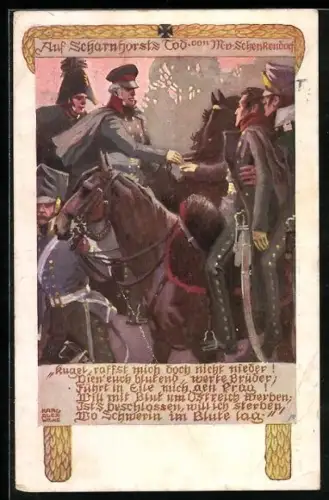 Künstler-AK Karl Alex Wilke: Auf Scharnhorsts Tod von M. v. Schenkendorf, Kugel raffst mich doch nicht nieder!...