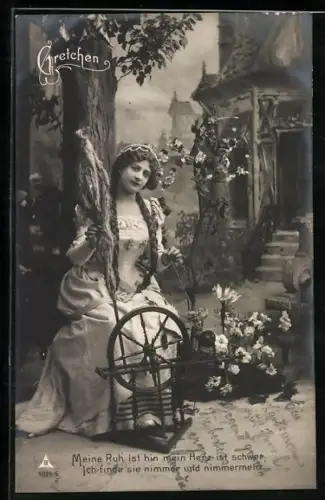 AK Figur der Gretchen aus Goethe`s Faust am Spinnrad