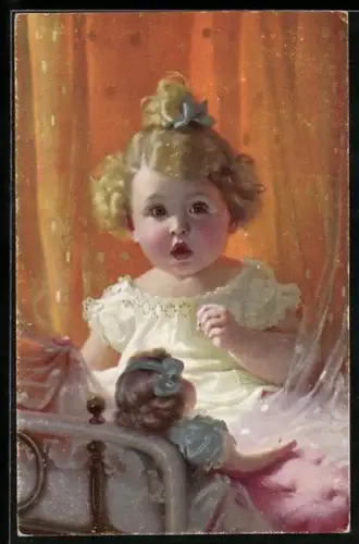 AK Kleines Mädchen mit überraschtem Gesicht und Puppe