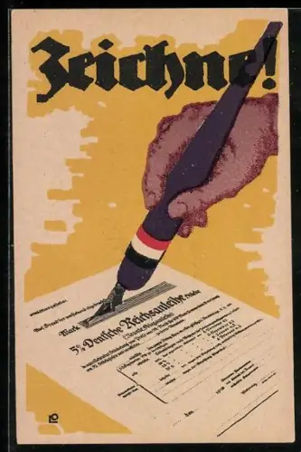 AK Hand unterzeichnet mit Feder eine deutsche Kriegsanleihe