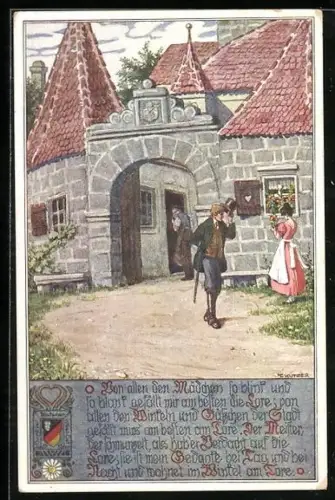 Künstler-AK Ernst Kutzer: Junger Mann zieht am Portal einer Stadt den Hut vor junger Frau mit Blumen in den Händen