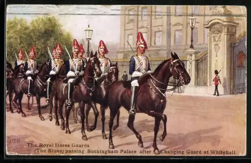 Künstler-AK London, The Royal Horse Guards, Kavalleristen am Buckingham Palast nach dem Wachwechsel bei Whitehall