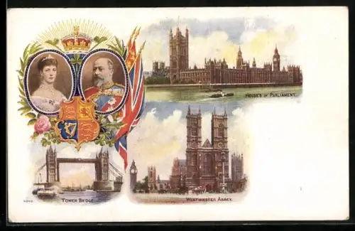 Lithographie London, Houses of Parliament and Westminster Abbey, Königspaar von England