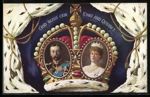 AK Porträts von König George V. und Queen Mary von England, Krone