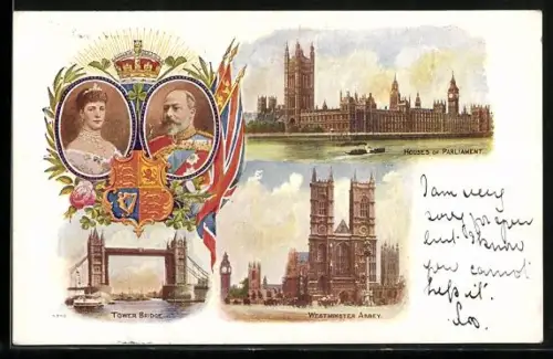 AK London, König Eduard VII. von England, Tower Bridge, Westminster Abbey, Houses of Parliament, Wappen