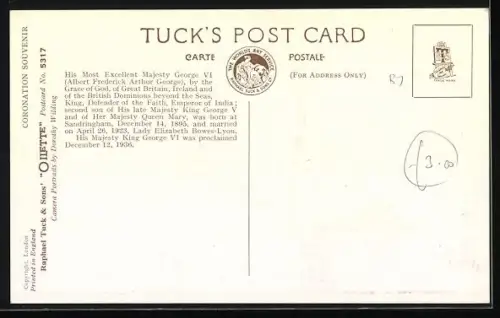 AK Coronation 1937, Portrait King George VI von England, Westminster Abbey