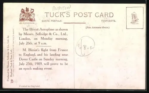 AK M. Blériot`s Aeroplane, Calais - Dover 1909, Flugzeug