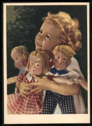 AK Mädchen mit drei Puppen im Arm, Zum Geburtstag die Herzlichsten Wünsche