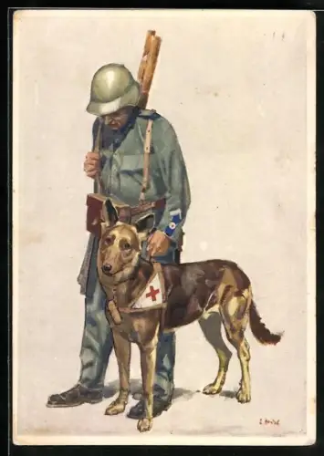 Künstler-AK Schweizer Bundesfeier 1937 für das Schweizerische Rote Kreuz, Sanitäter mit Sanitätshund