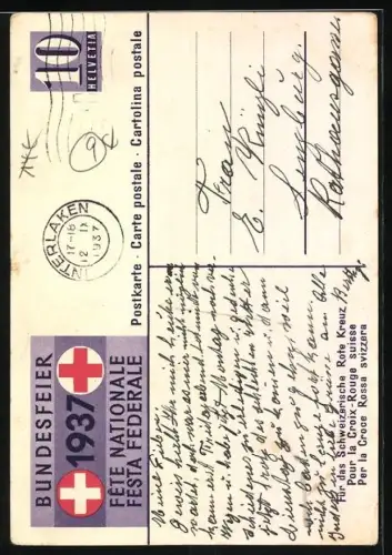 Künstler-AK Schweizer Bundesfeier 1937 für das Schweizerische Rote Kreuz, Sanitäter mit Sanitätshund