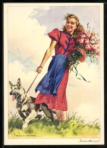 AK Junge Frau im Kleid mit Blumenstrauss und Schäferhund auf einer Wiese