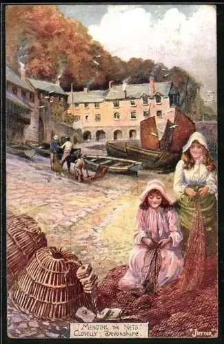 AK Clovelly, Devonshire, Mädchen reparieren Fischernetze