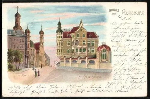 Lithographie Augsburg, Hl. Kreuz-Strasse mit Hl. Kreuz