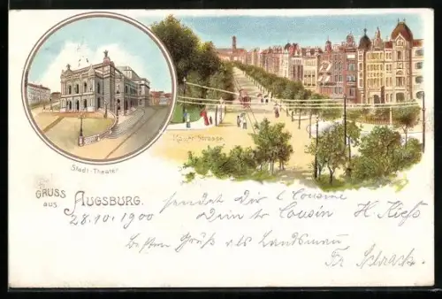 Lithographie Augsburg, Stadt-Theater, Blick in die Kaiser-Strasse