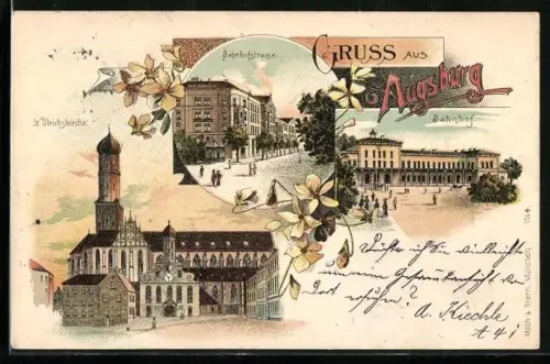 Lithographie Augsburg, Ulrichskirche, Bahnhofstrasse, Bahnhof
