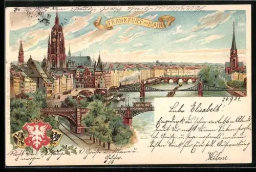 Lithographie Frankfurt, Teilansicht der Stadt, Wappen