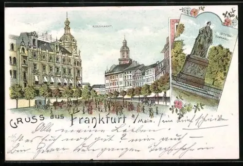 Lithographie Frankfurt /Main, Goethe-Denkmal, Partie am Rossmarkt