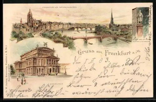 Lithographie Frankfurt / Main, Opernhaus, Denkmal Kaiser Karl der Grosse, Gesamtansicht vom Sachsenhausen