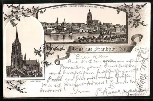 Lithographie Frankfurt, Dom mit Totalansicht und Untermainbrücke