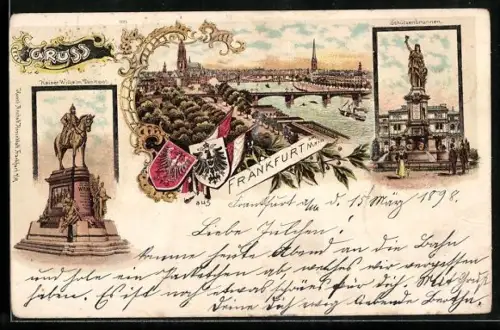 Lithographie Frankfurt, Gesamtansicht, Schützenbrunnen, Kaiser Wilhelm Denkmal, Wappen