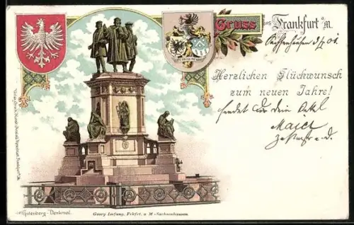 Lithographie Frankfurt a / M., Gutenberg Denkmal, Wappen