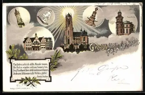 Lithographie Frankfurt a. M., Pauls-Kirche, Römer, Ariadne