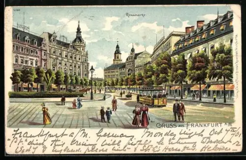 Lithographie Frankfurt a. M., Strassenbahn auf dem Rossmarkt