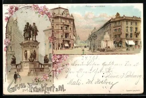 Lithographie Frankfurt /Main, Gutenberg-Denkmal, Kaiserstrasse mit Springbrunnen, Blumen