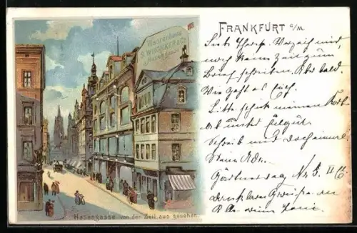 Lithographie Frankfurt, Hasengasse von der Zeil aus gesehen